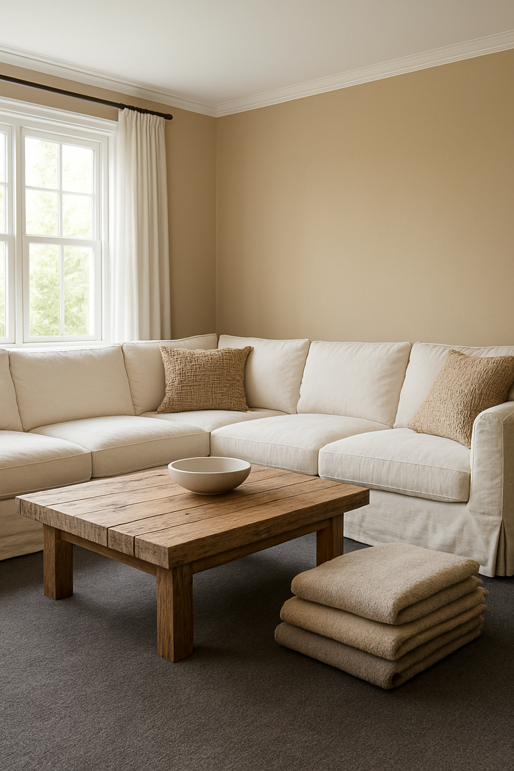 Family room with warm beige walls and dark gray carpet