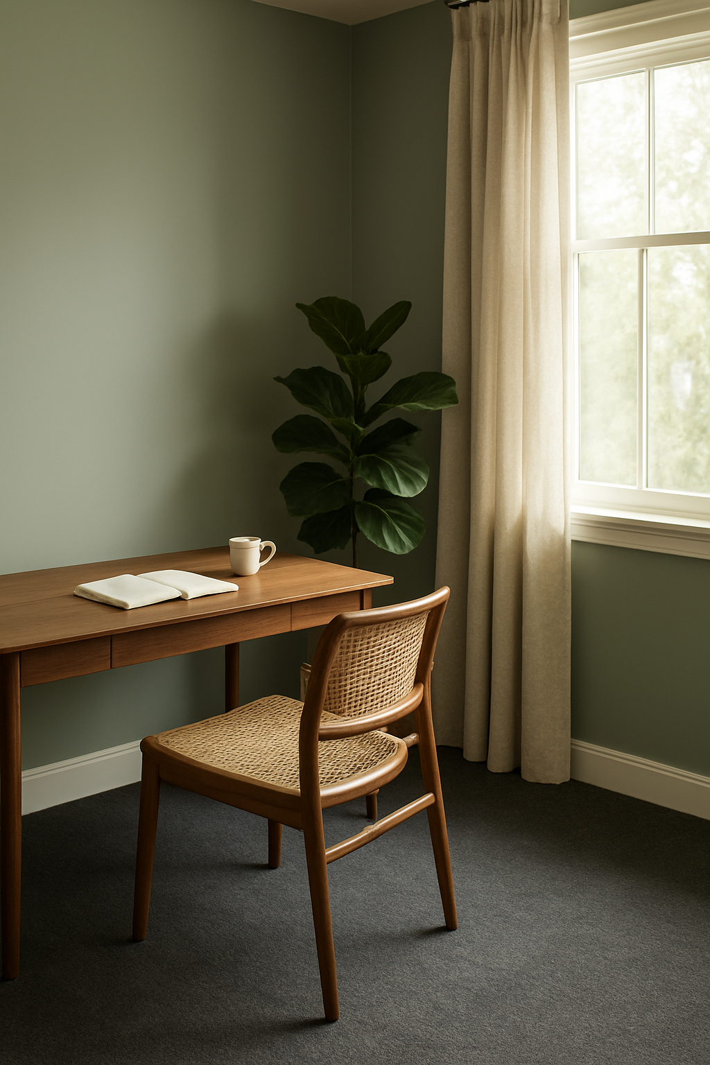 Home office with sage green walls and dark gray carpet