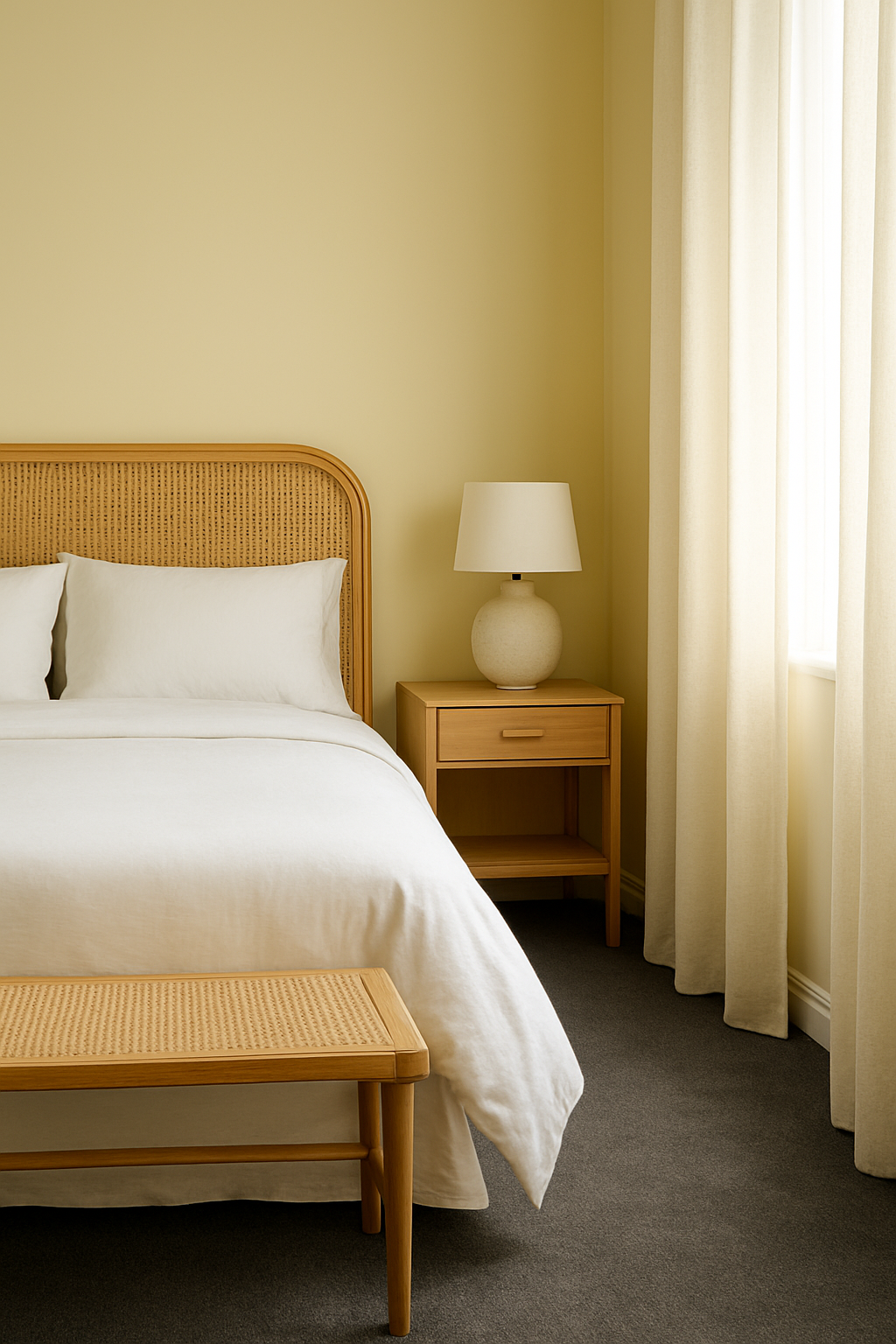 Guest room corner with pale yellow walls and dark gray carpet