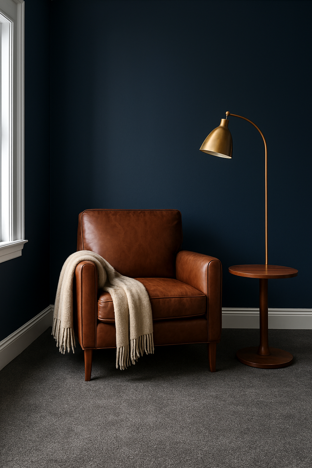 Den with rich navy walls and dark gray wall-to-wall carpet