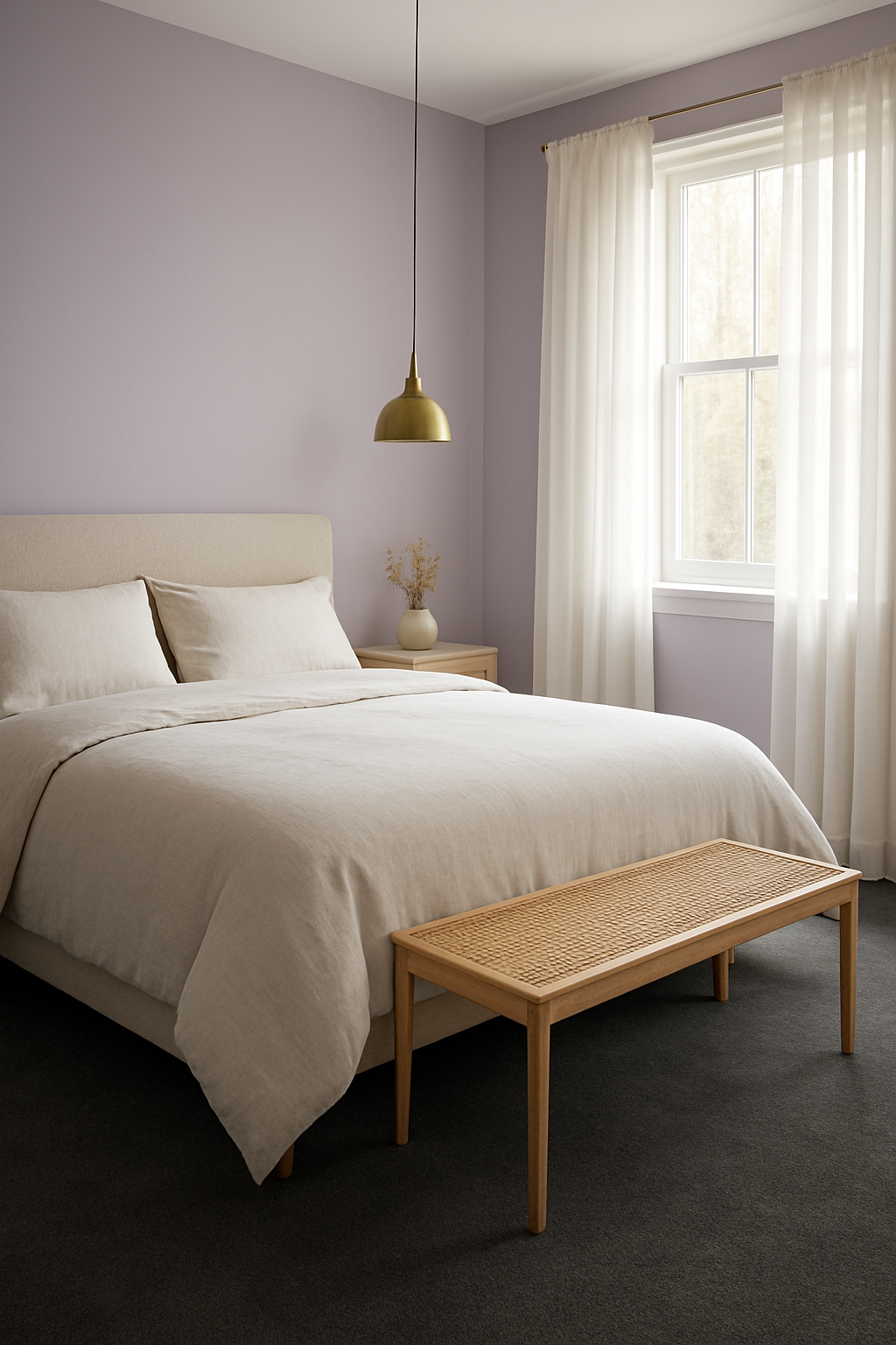 Guest bedroom with soft lavender walls and dark gray carpet