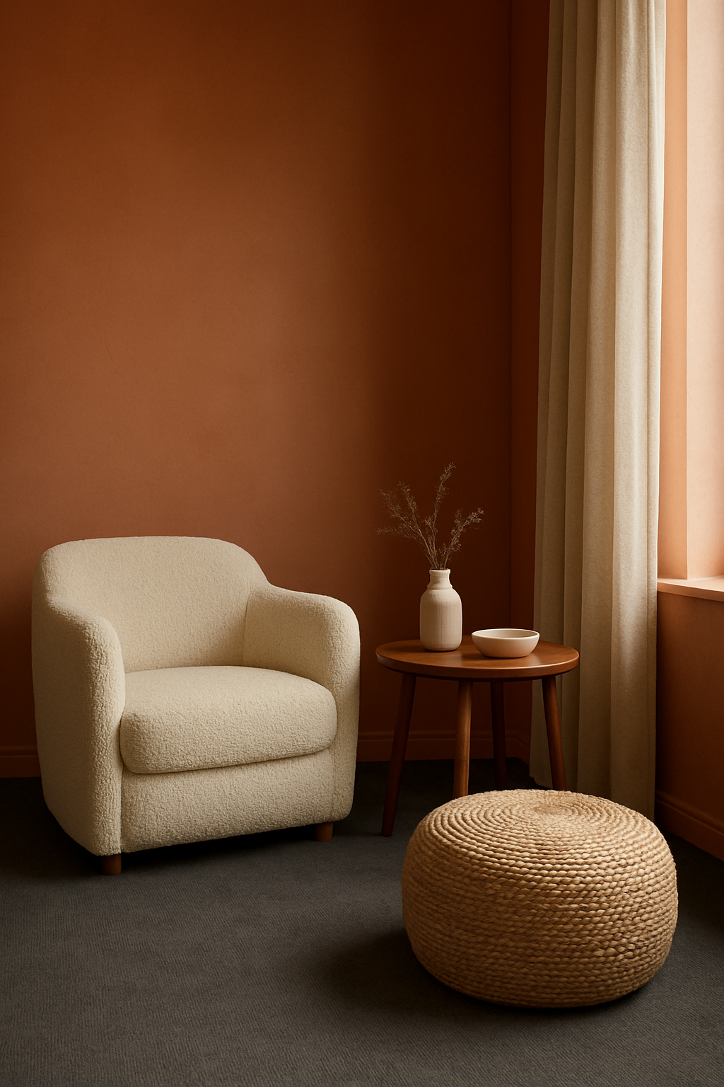Living room corner with terracotta walls and dark gray carpet