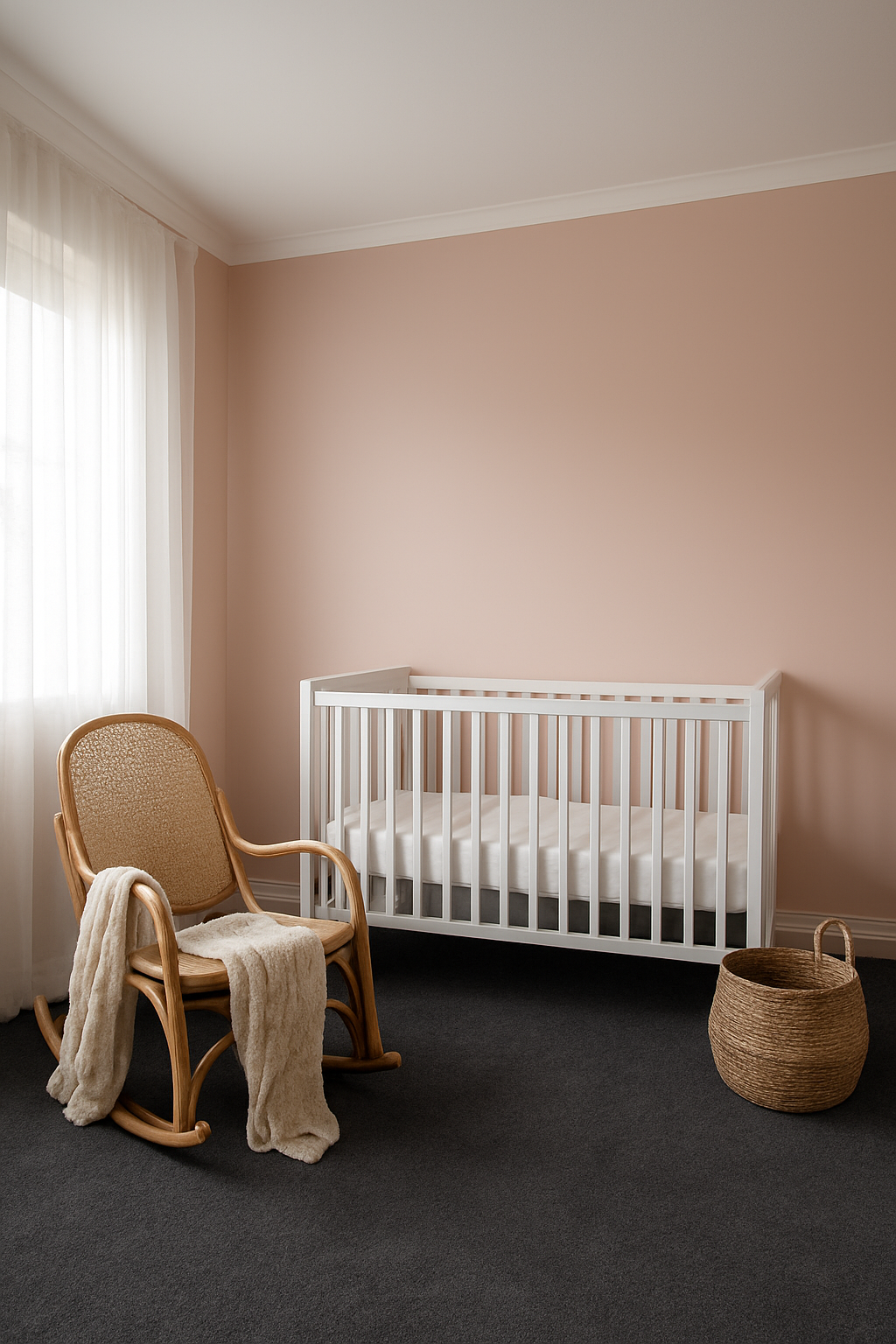 Nursery with soft pink walls and dark gray wall-to-wall carpet