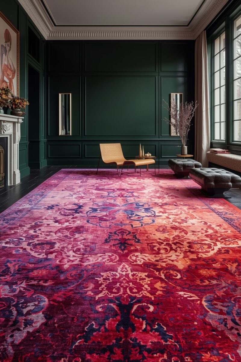 Vibrant pink and red Persian-style area rug in a dark green paneled living room with wicker chair and fireplace