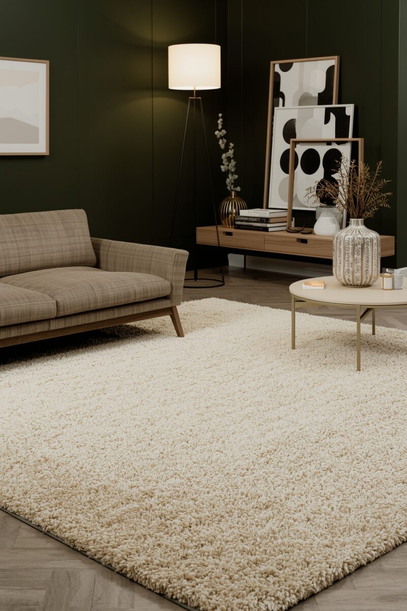 Modern living room with cream shaggy rug, taupe plaid sofa, dark green walls, and wood furniture