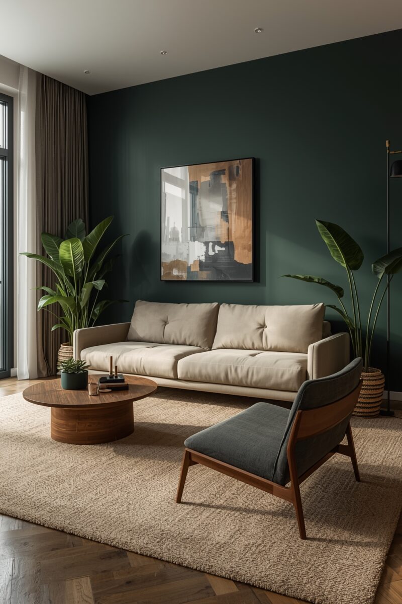 Modern living room with dark green accent wall, beige sofa, round wooden coffee table, and tropical plants