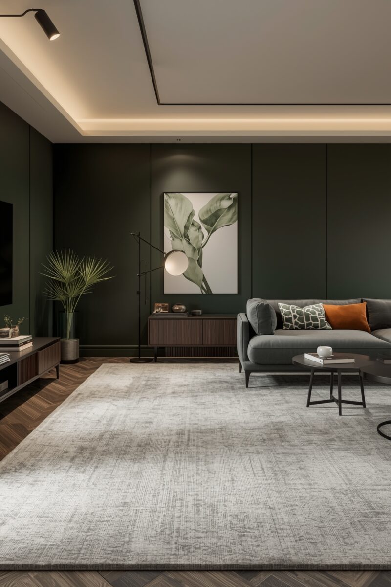 Modern living room with dark green walls, gray sectional sofa, orange accent pillows, and large botanical wall art