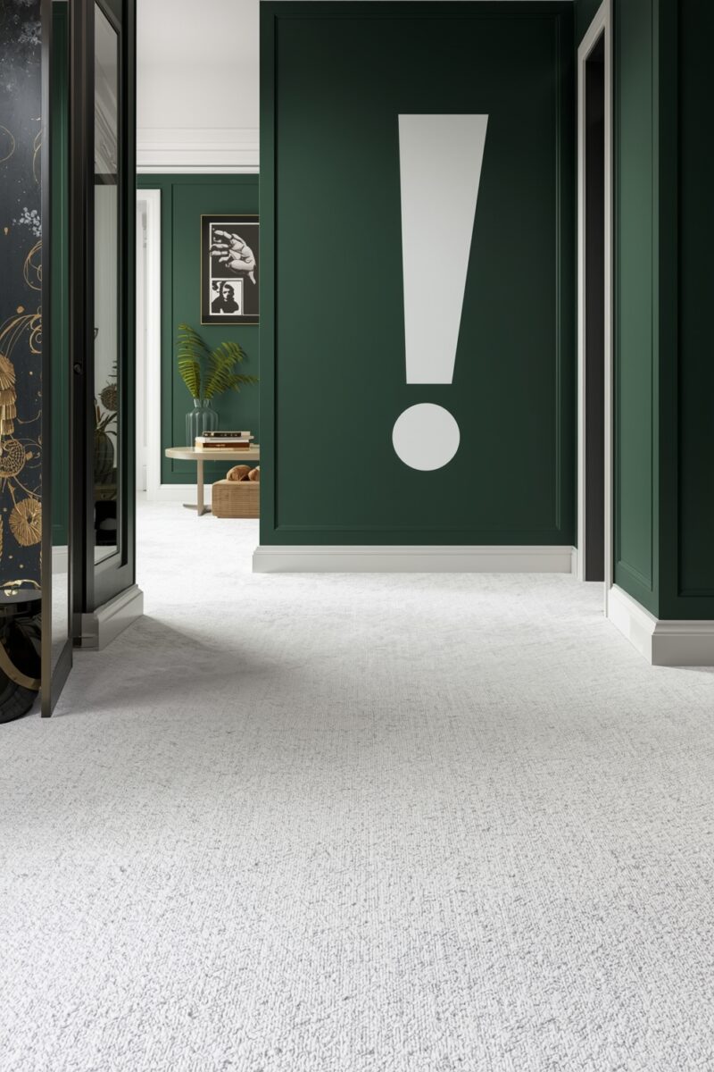 Elegant hallway with dark forest green paneled walls, large white exclamation mark wall art, and plush white carpet flooring