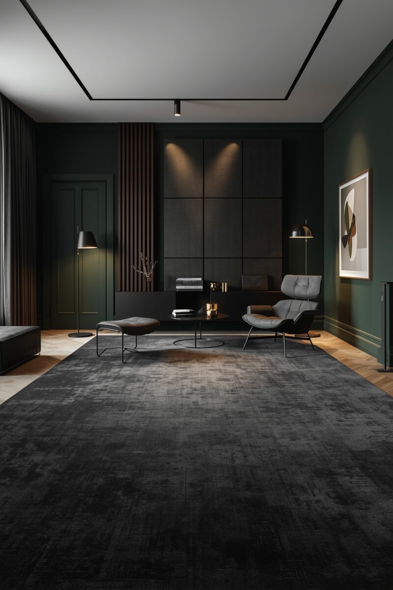 Luxury dark modern living room with forest green walls, gray lounge chair, charcoal area rug, and moody ambient lighting