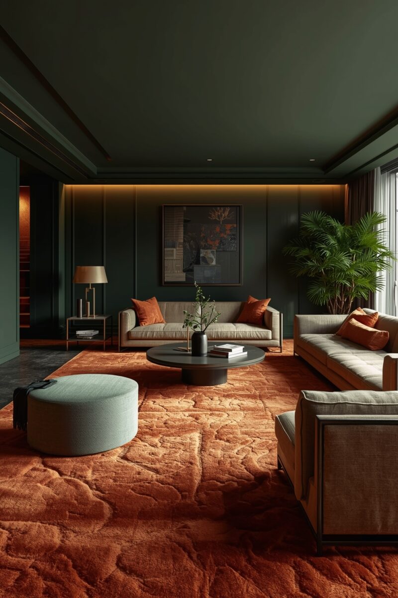 Luxury living room with dark green walls, burnt orange rug, beige sofas, round coffee table, and tropical palm plant