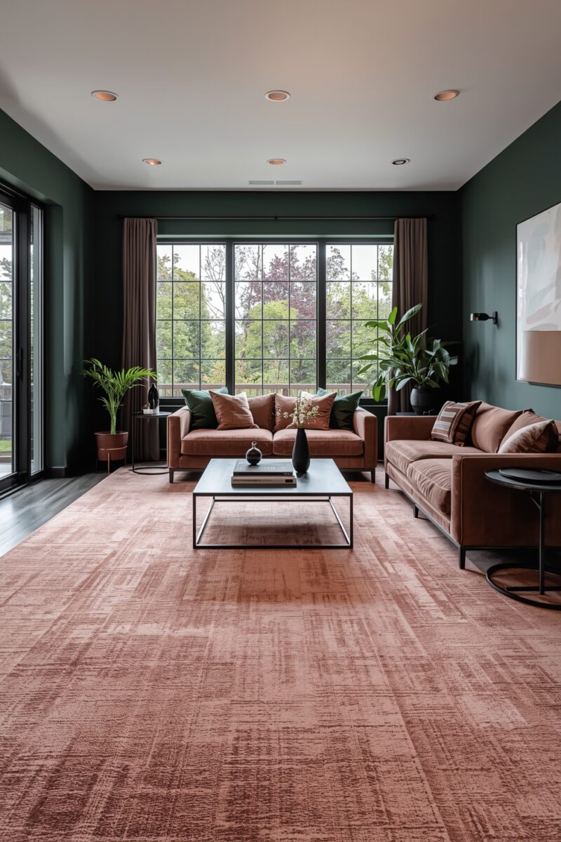 Modern living room with dark green walls, terracotta velvet sofas, pink rug, and large windows overlooking greenery