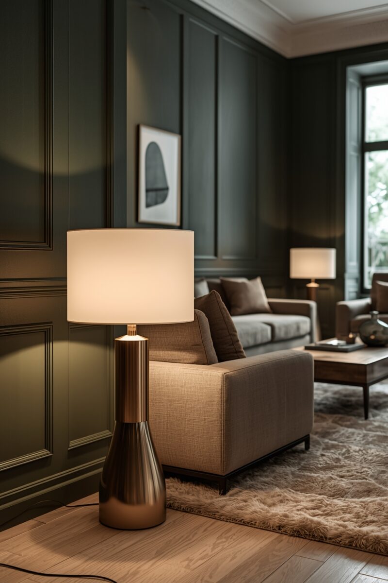 Elegant living room with bronze table lamp, dark olive green paneled walls, neutral sofa, and fluffy area rug