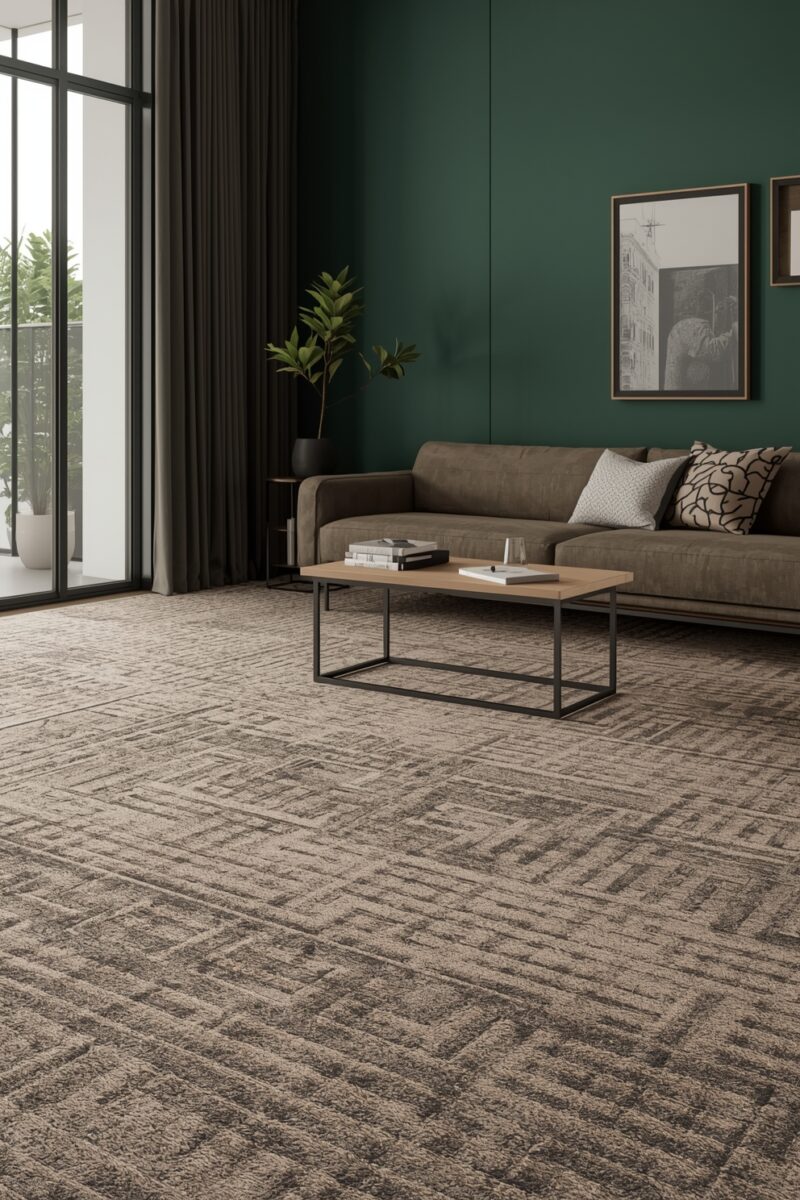 Modern living room with green accent wall, brown sofa, wooden coffee table, and patterned carpet tiles
