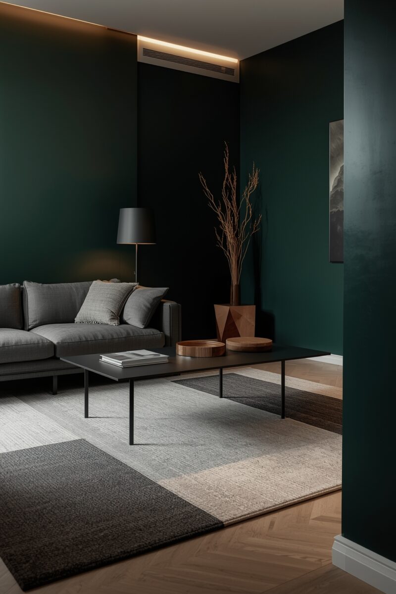 Modern living room with dark green walls, grey sofa, black coffee table, and warm accent decor on layered rugs