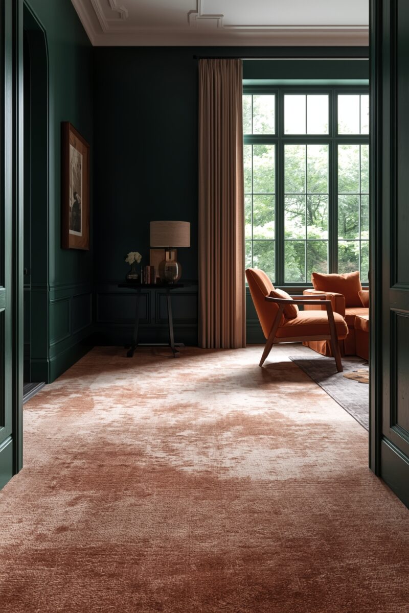 Elegant living room with dark green walls, terracotta orange armchairs, rose-toned carpet, and large window with trees