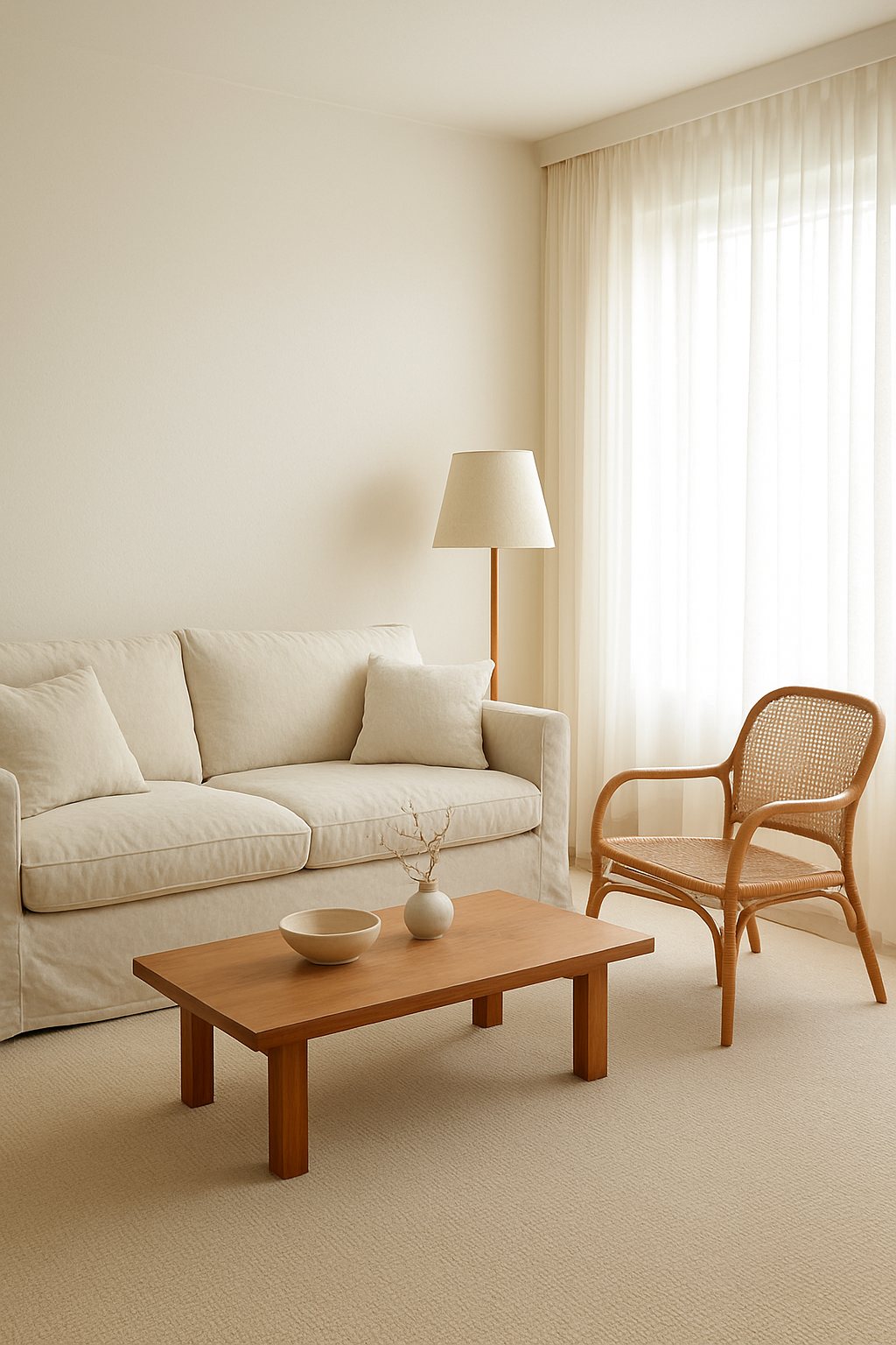Wide living room with off-white walls and beige wall-to-wall carpet