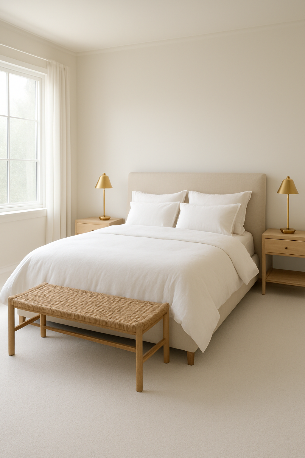 Primary bedroom with off-white walls and crisp white wall-to-wall carpet