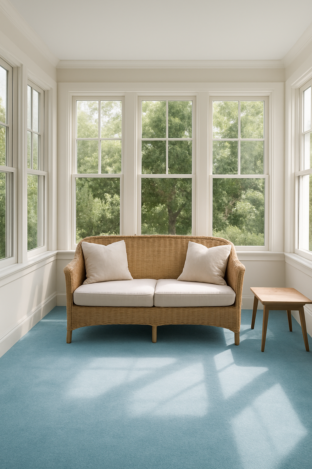 Sunroom with off-white walls and sky blue wall-to-wall carpet
