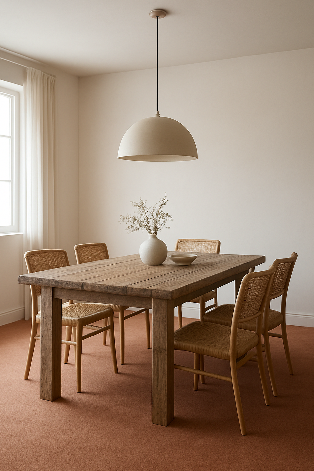 Dining room with off-white walls and muted terracotta wall-to-wall carpet
