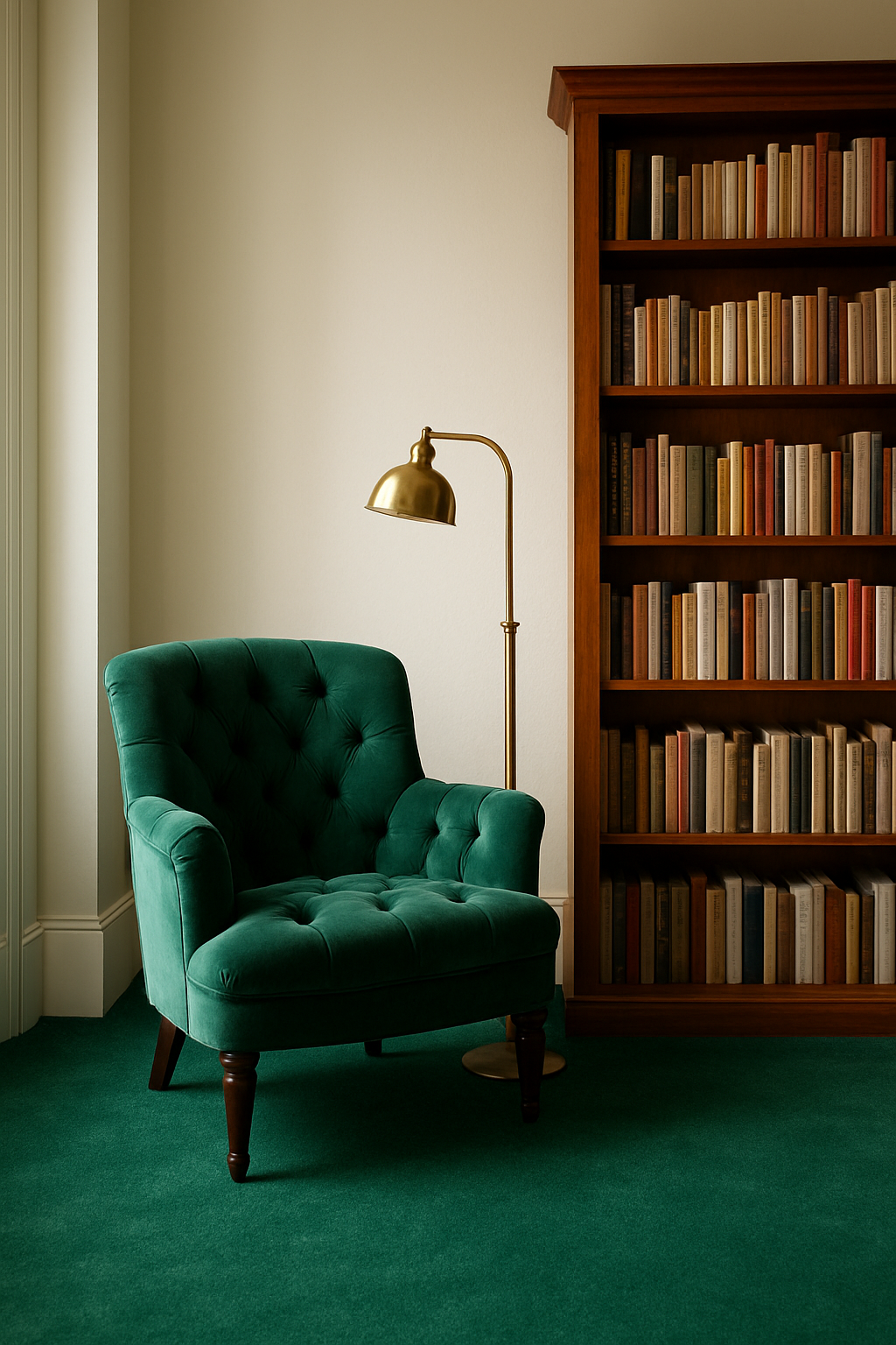 Home library corner with off-white walls and emerald green wall-to-wall carpet
