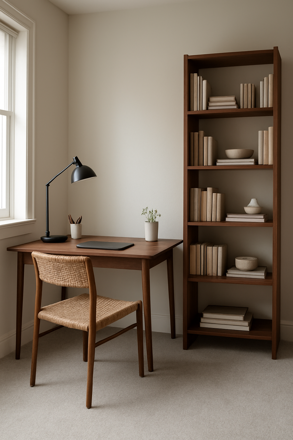 Home office corner with off-white walls and soft gray wall-to-wall carpet