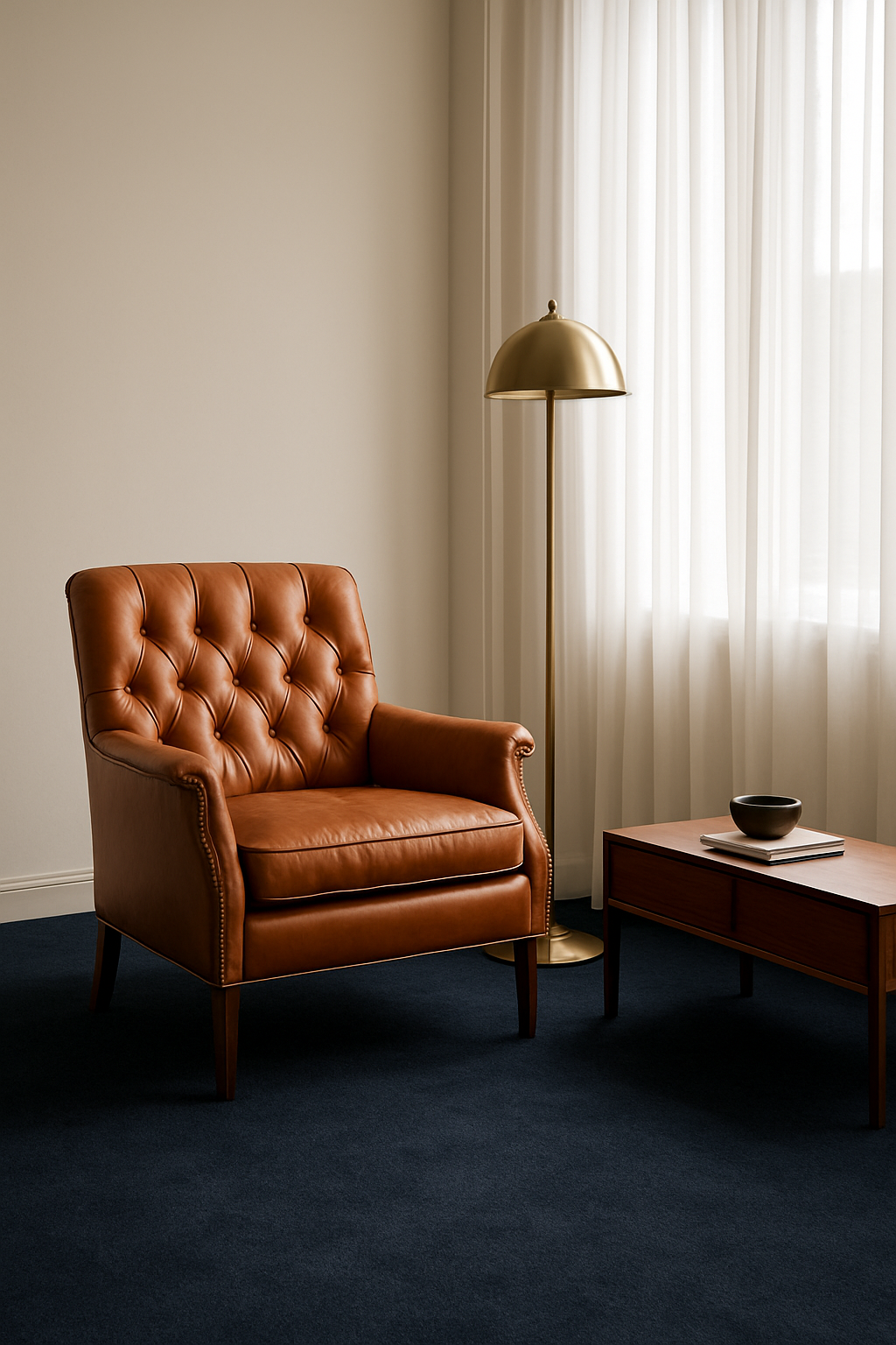 Den with off-white walls and deep navy blue wall-to-wall carpet