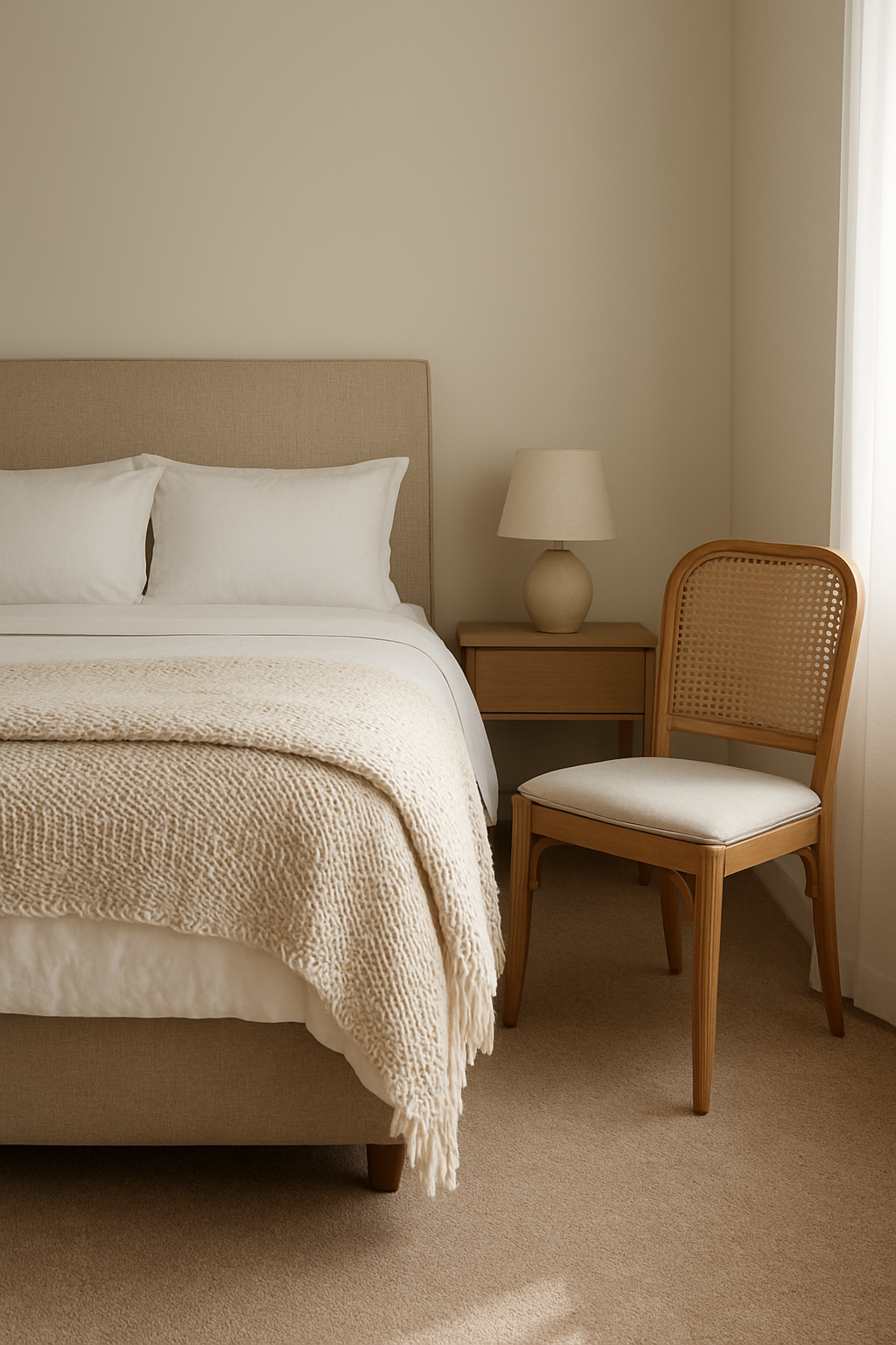 Guest room with off-white walls and warm taupe wall-to-wall carpet