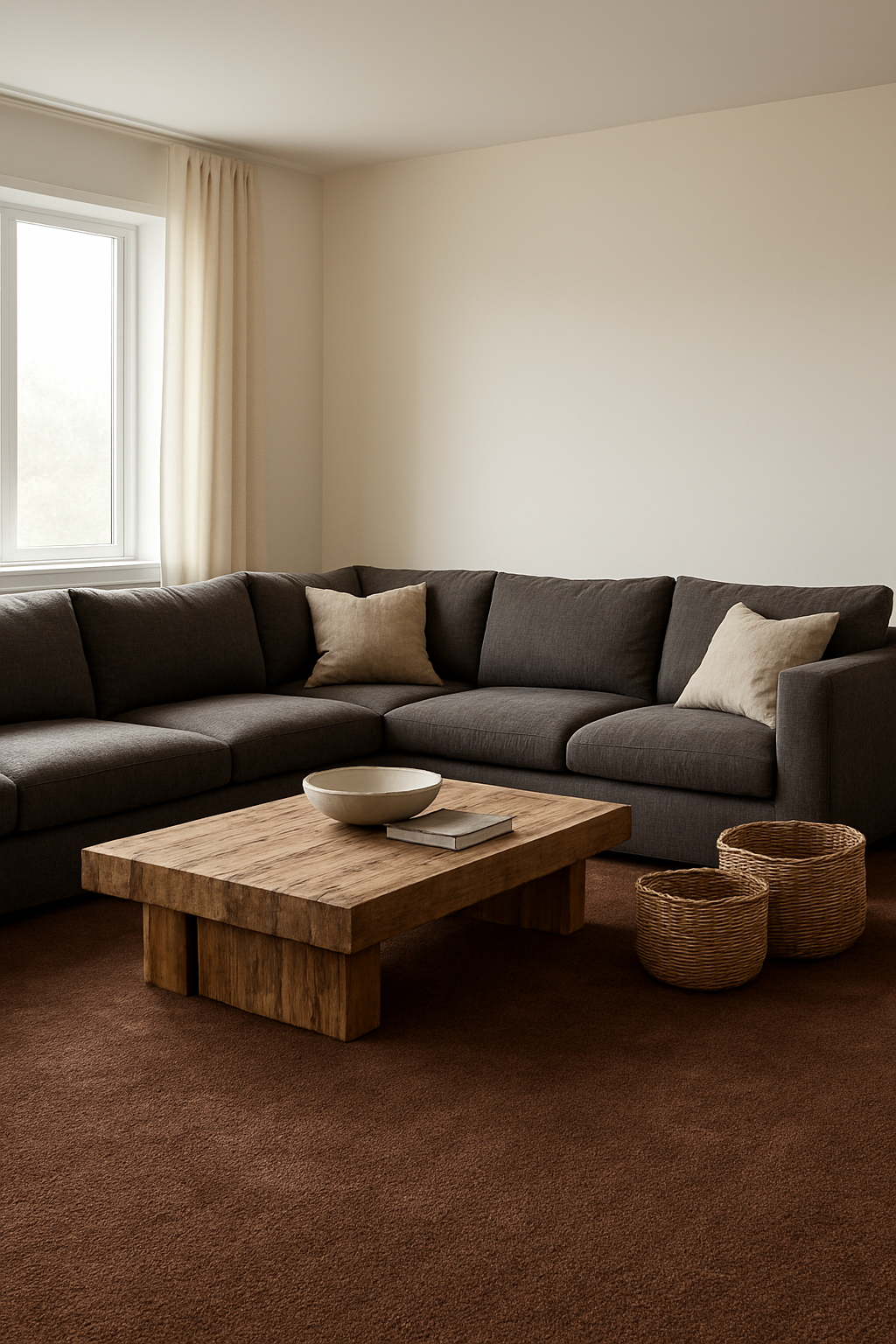 Family room with off-white walls and rich chocolate brown wall-to-wall carpet