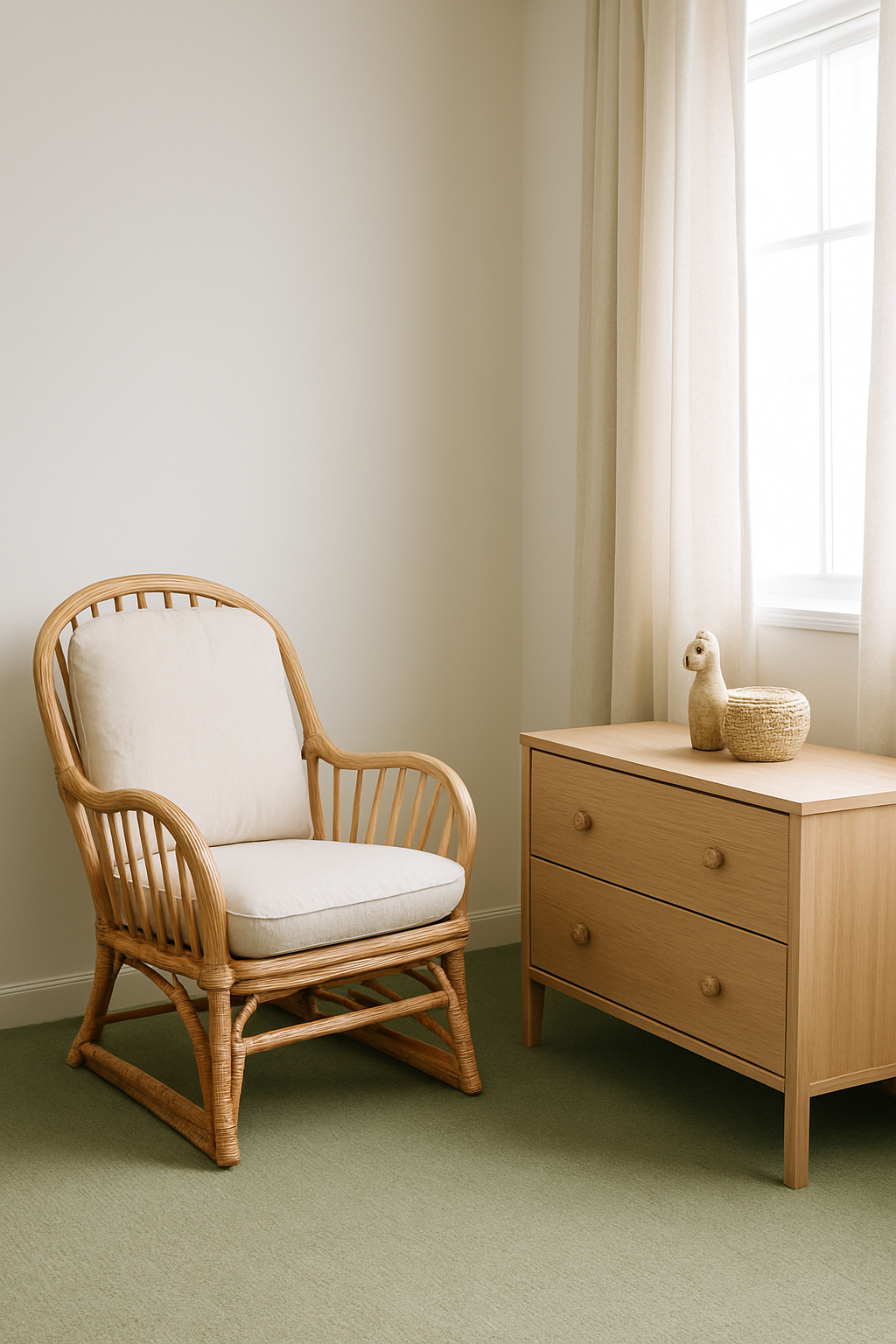 Nursery corner with off-white walls and sage green wall-to-wall carpet
