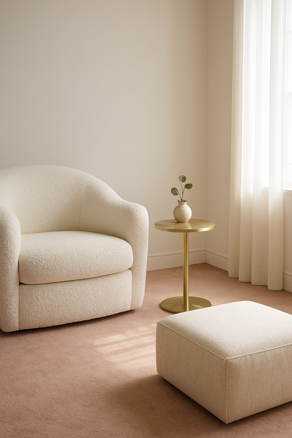 Sitting room with off-white walls and soft blush pink wall-to-wall carpet