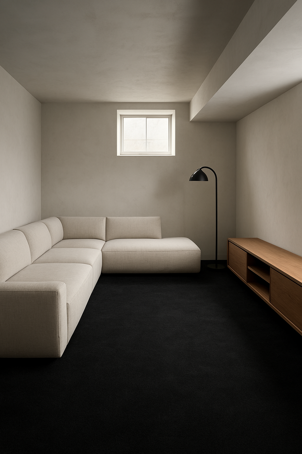 Basement with off-white walls and charcoal black wall-to-wall carpet