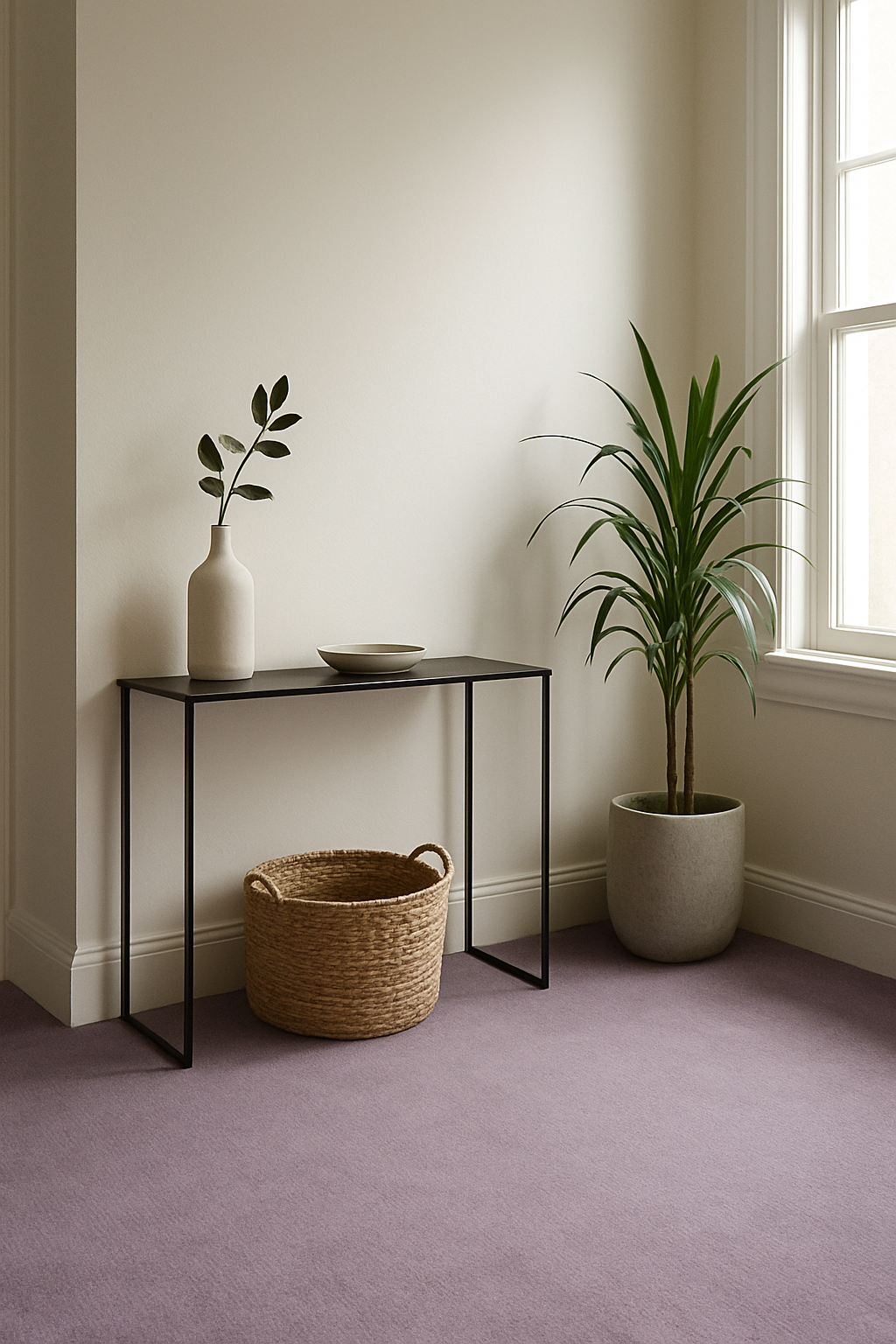 Hallway corner with off-white walls and gentle lavender wall-to-wall carpet