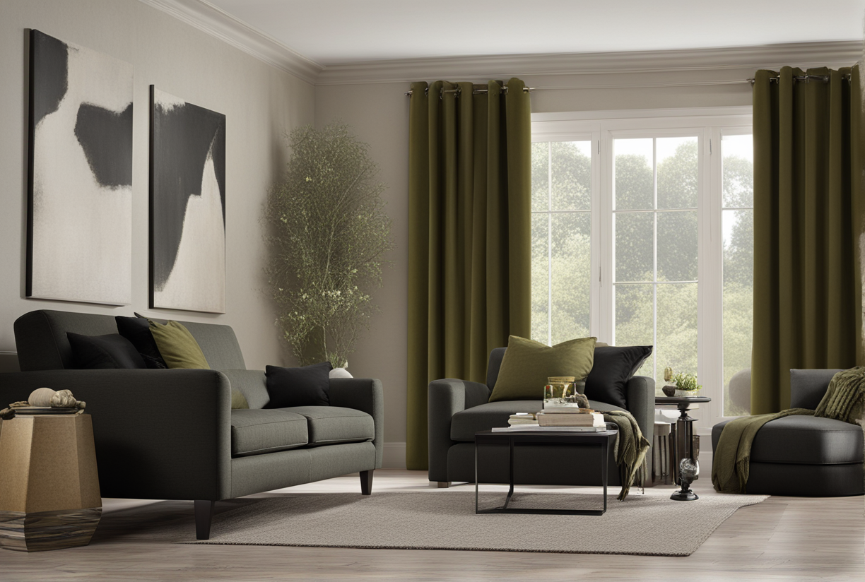 what color curtains go with black and brown furniture.