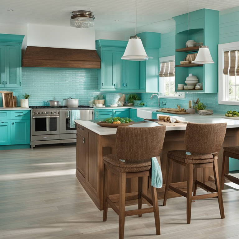 **8. Coastal Turquoise** Turquoise brings a sense of tranquility and coastal charm to your kitchen. It's like a beach vacation every day. The soft, aqua tones of turquoise pair beautifully with brown cabinets, creating a soothing and inviting atmosphere. **Turquoise infuses your kitchen with a coastal and serene vibe, reminiscent of a beachside escape. It's like sipping a tropical cocktail by the water, with every day feeling like a holiday.** Here's why coastal turquoise is a delightful match for brown cabinets: **1. Coastal Serenity:** Turquoise captures the serenity of coastal living, making your kitchen feel like a seaside retreat. It's like the sound of gentle waves and the scent of the sea, creating a tranquil escape. **2. Soothing Ambiance:** Turquoise creates a soothing and refreshing ambiance, ideal for unwinding and relaxation. It's like a spa day by the ocean, where stress melts away, and every moment feels rejuvenating. **3. Soft Contrast:** Turquoise offers a soft and complementary contrast to brown cabinets, creating a balanced and harmonious design. It's like a gentle breeze on a sunny day, where the colors dance in harmony. **4. Inviting Escape:** Turquoise makes your kitchen an inviting escape, reminiscent of a tropical paradise. It's like having a permanent beach vacation at home, where every day feels like a holiday getaway. In summary, coastal turquoise enhances the charm of brown cabinets by creating a coastal and serene ambiance, infusing your kitchen with a soothing and inviting feel, offering a soft and balanced contrast, and making your kitchen feel like a tranquil beachside escape. It's like a perpetual vacation in your own culinary paradise, where relaxation and serenity are always on the menu.