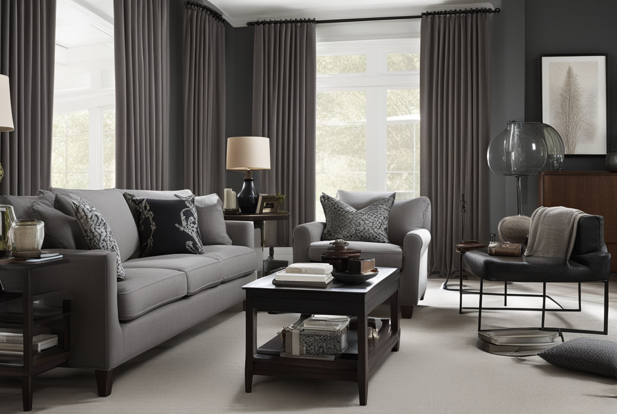 what color curtains go with black and brown furniture.