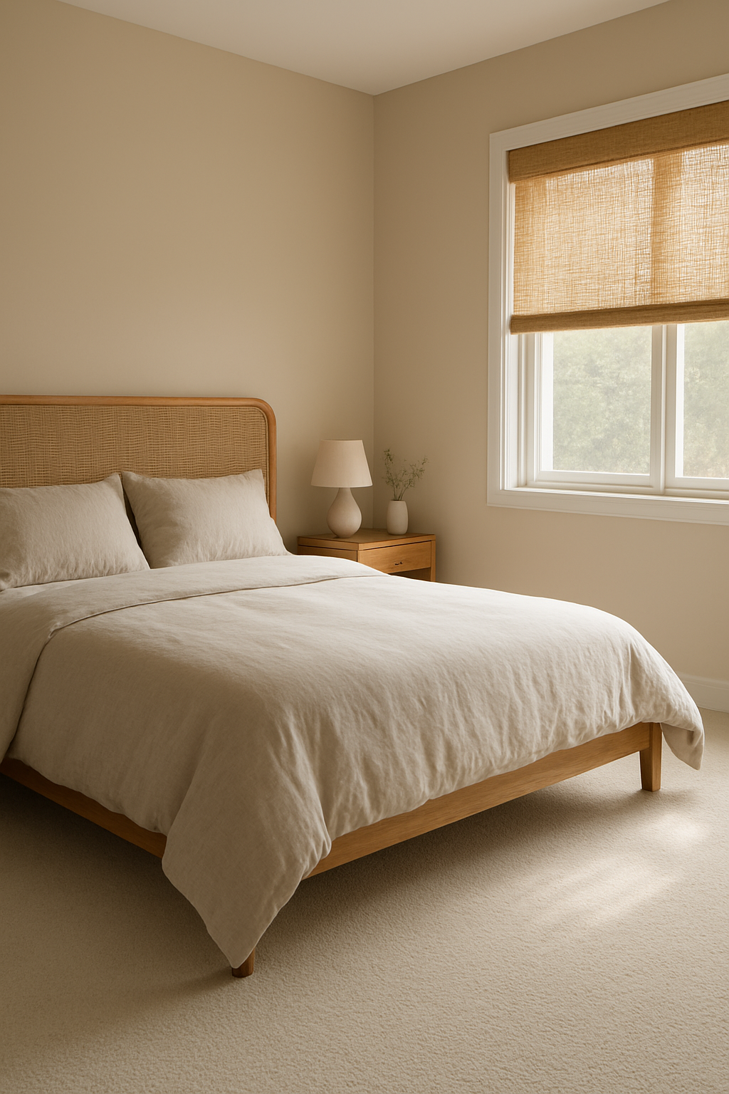 Bedroom with light brown walls and a creamy white carpet