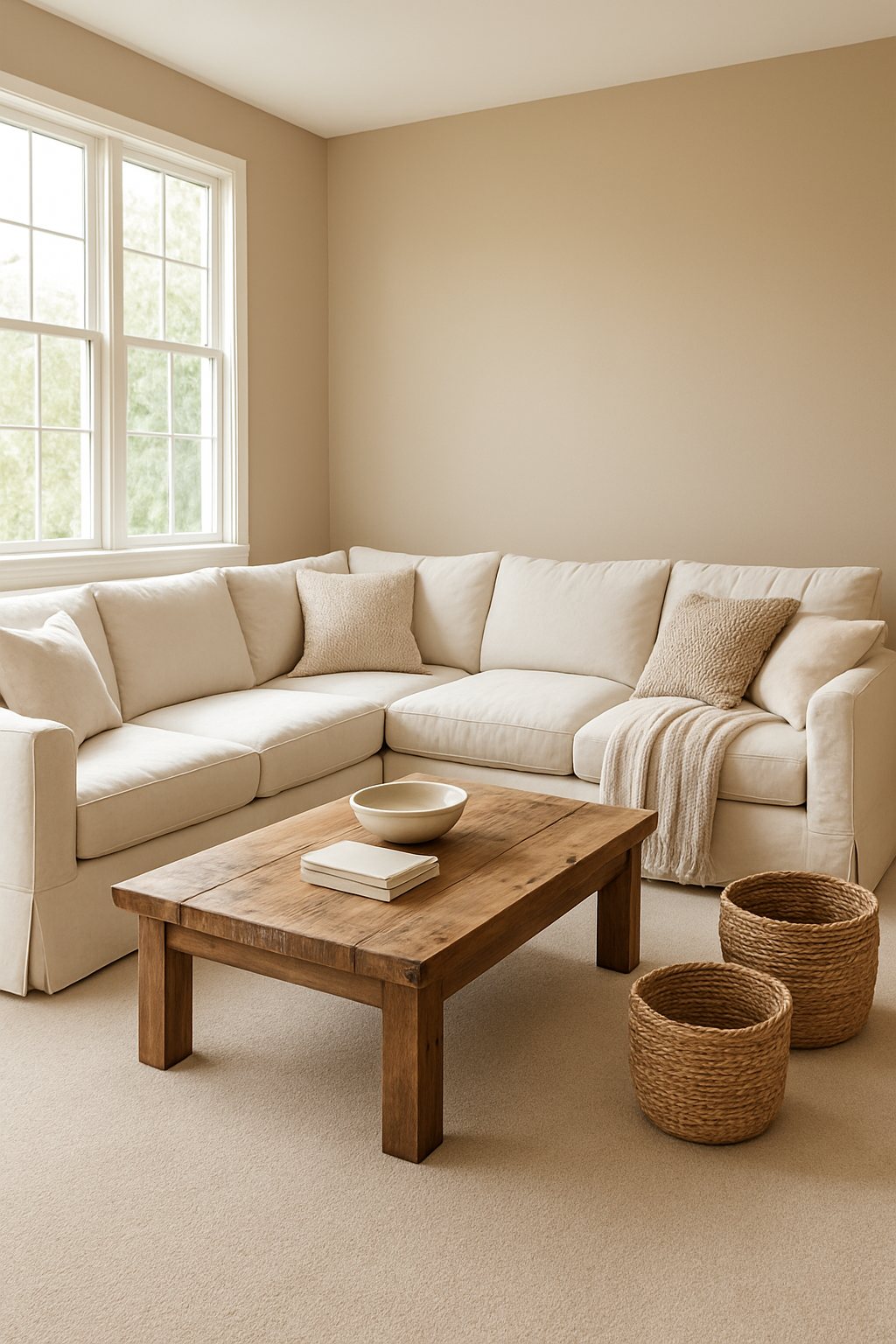 Family room with light brown walls and a soft beige carpet