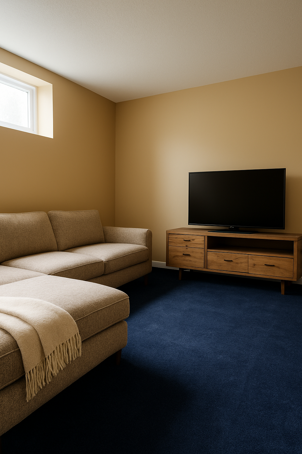 Basement with light brown walls and a deep navy blue carpet