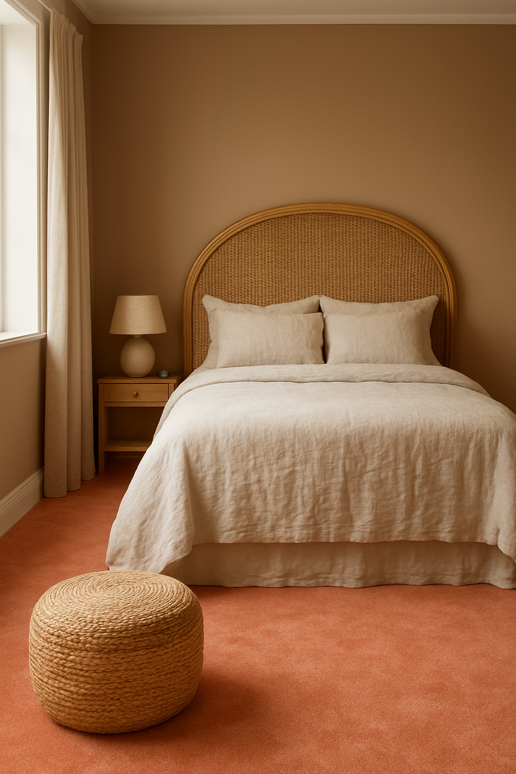 Guest room with light brown walls and a soft coral carpet