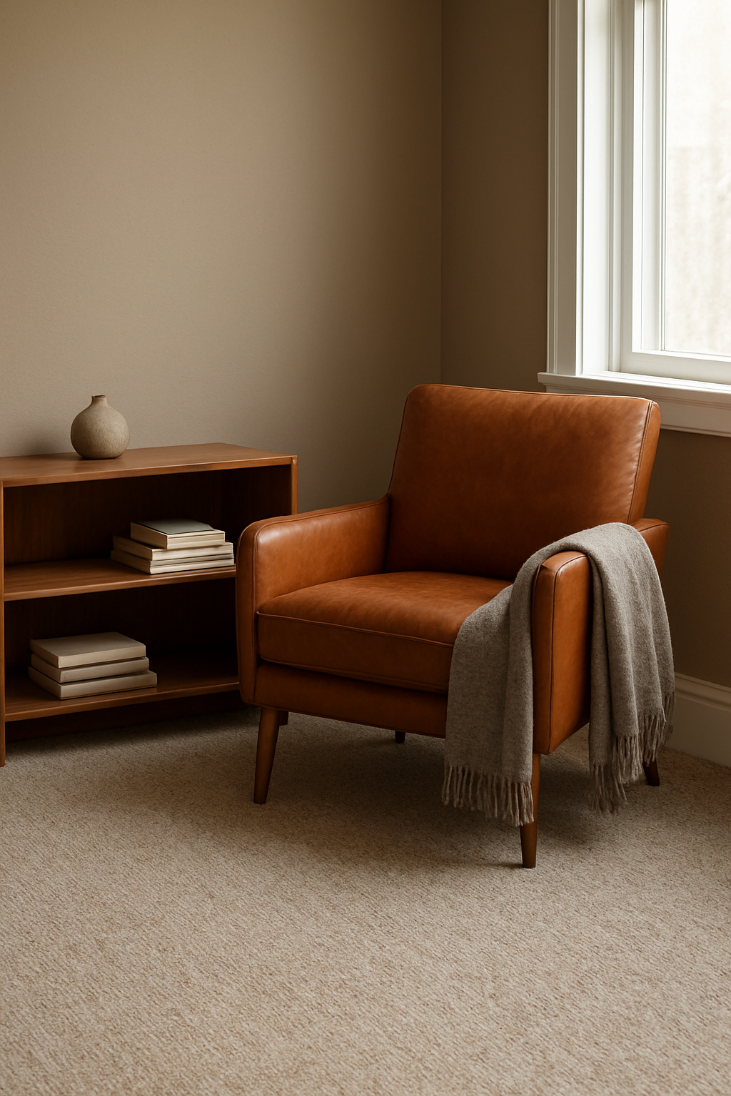 Den corner with light brown walls and a neutral multi-toned carpet