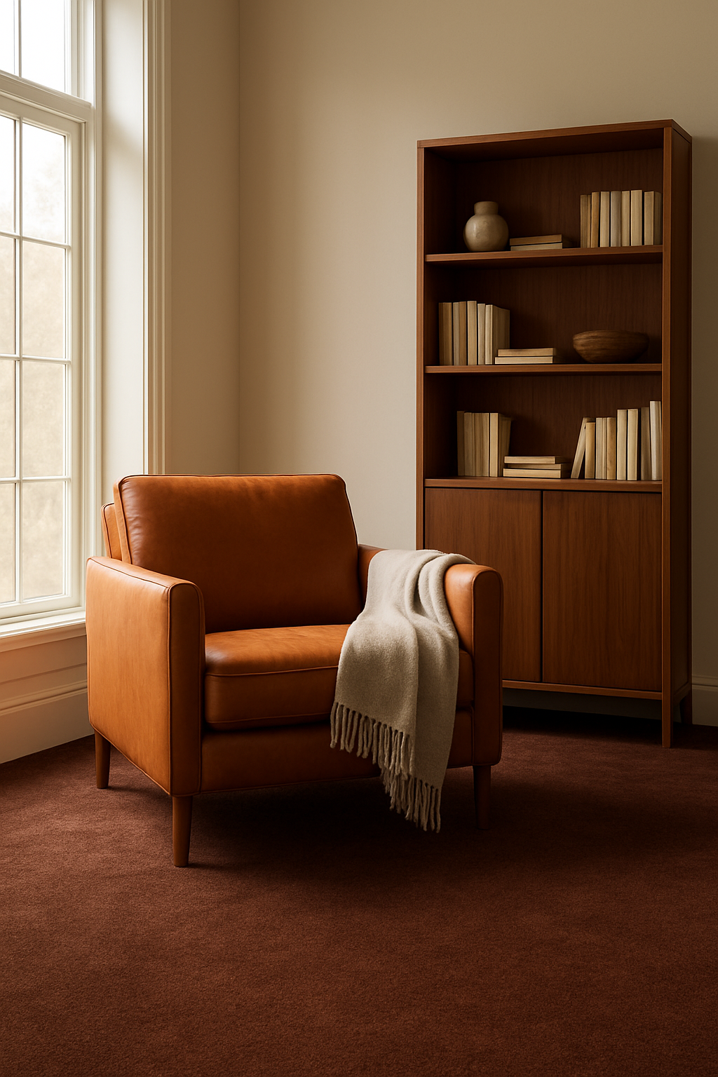 Den with light brown walls and a rich chocolate brown carpet