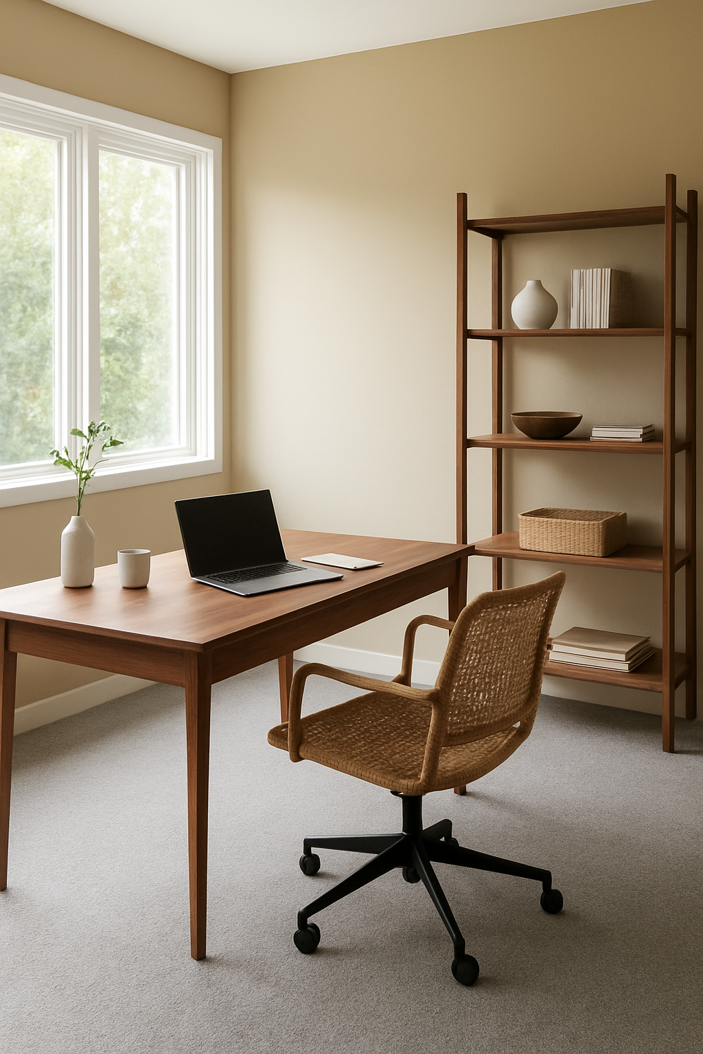 Home office with light brown walls and a cool gray carpet