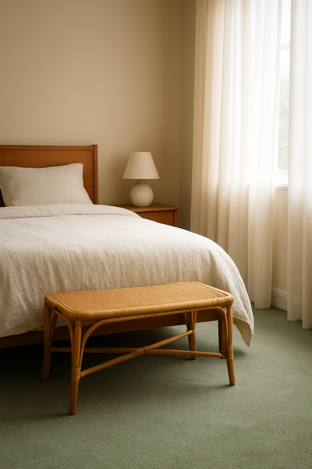 Guest room with light brown walls and a soft sage green carpet