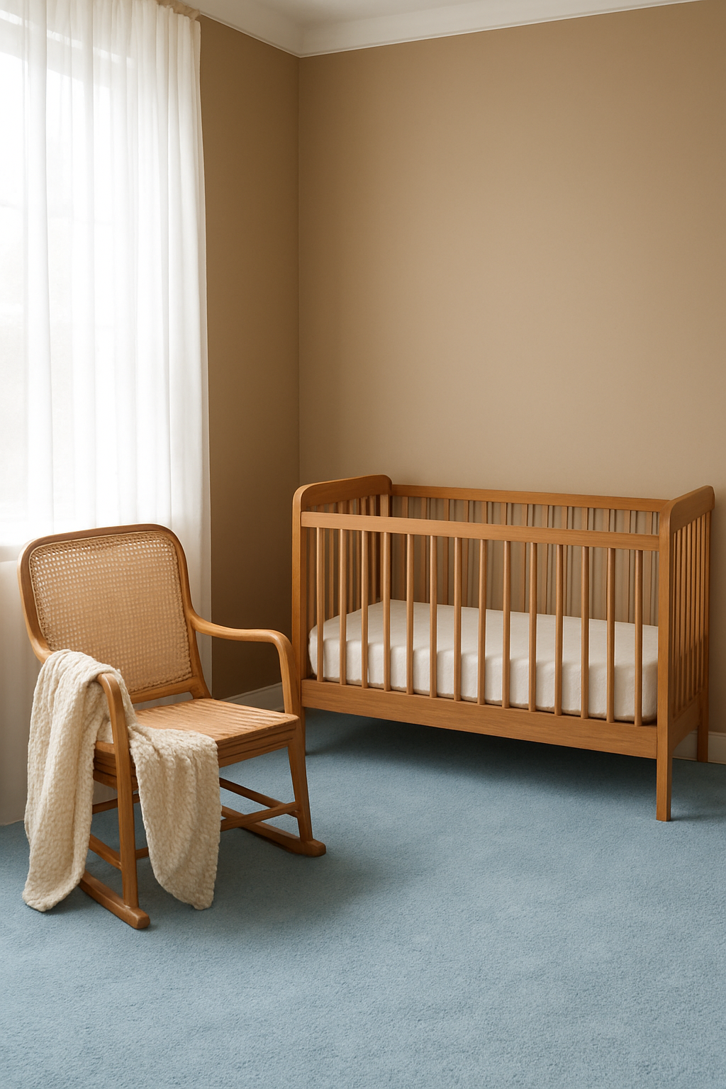 Nursery with light brown walls and a soft blue carpet