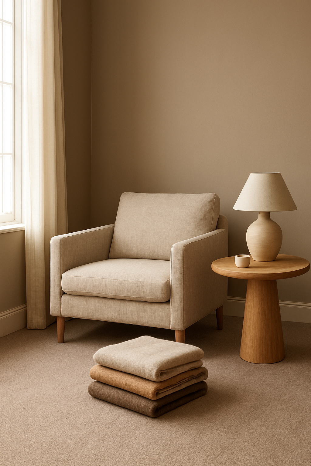 Living room corner with light brown walls and a warm taupe carpet