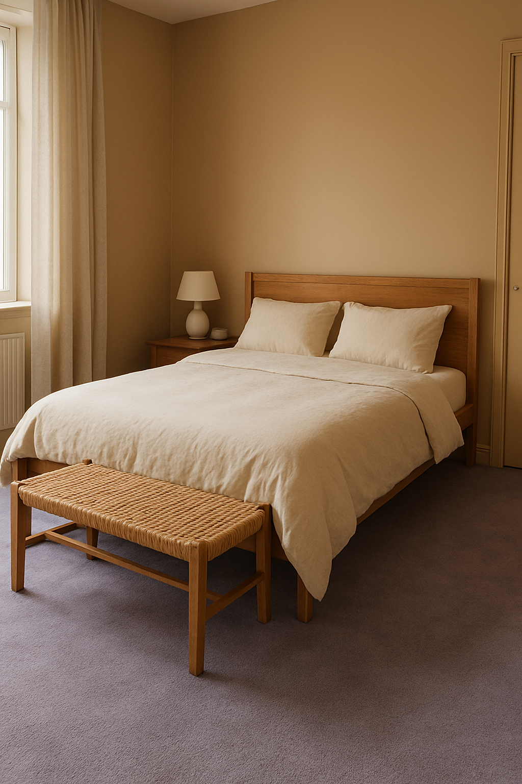 Bedroom with light brown walls and a soft lavender carpet
