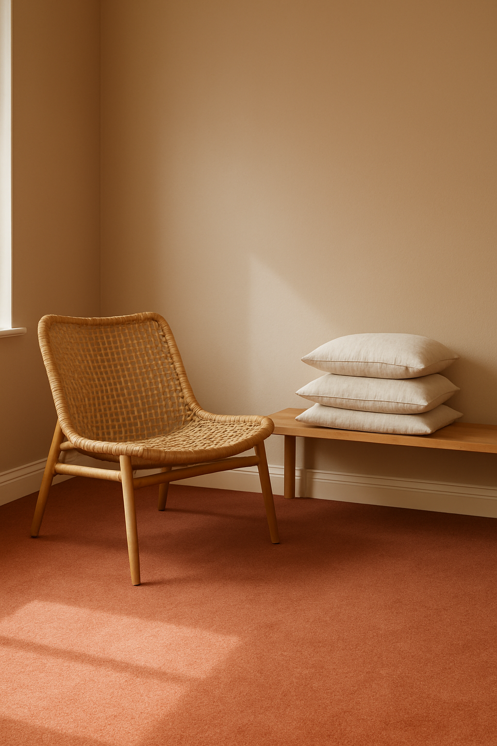 Family room corner with light brown walls and a terra cotta carpet