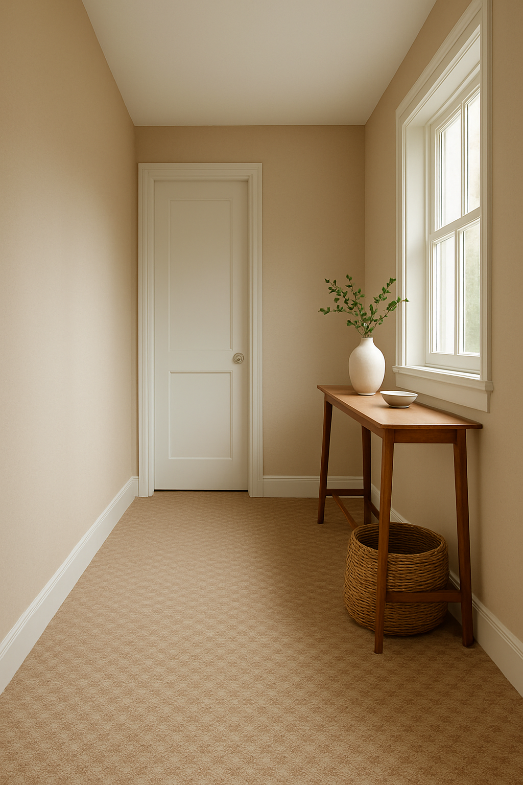 Hallway with light brown walls and a beige and brown patterned carpet