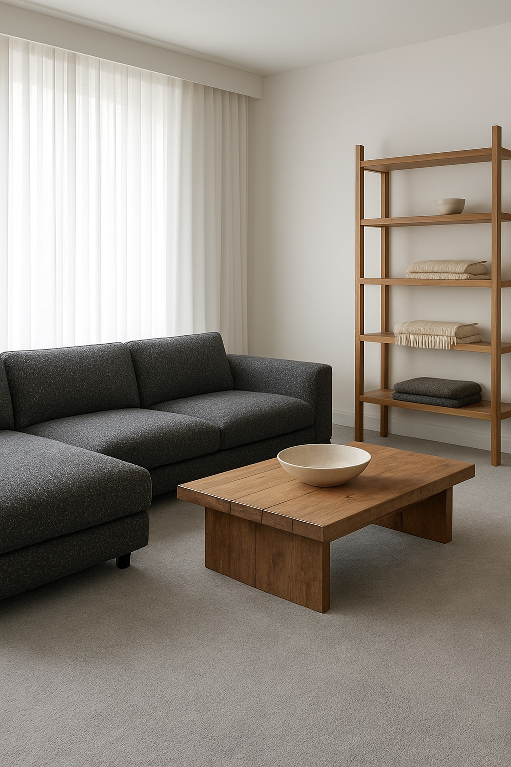 Family room with white walls and a soft gray wall-to-wall carpet