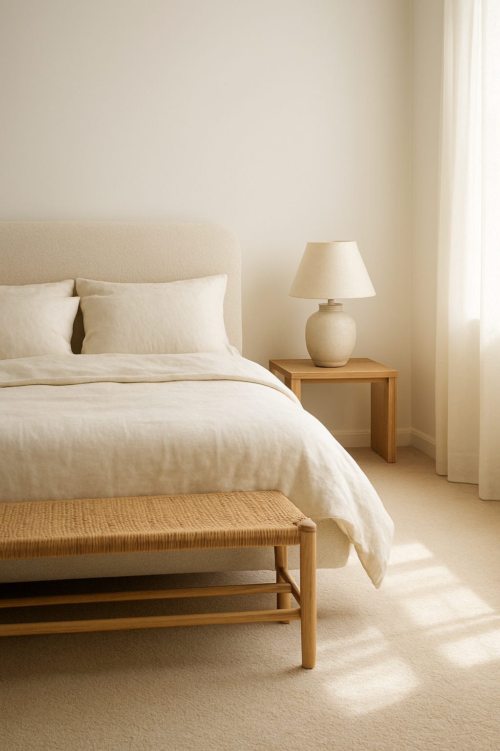 Bedroom corner with white walls and a cream wall-to-wall carpet